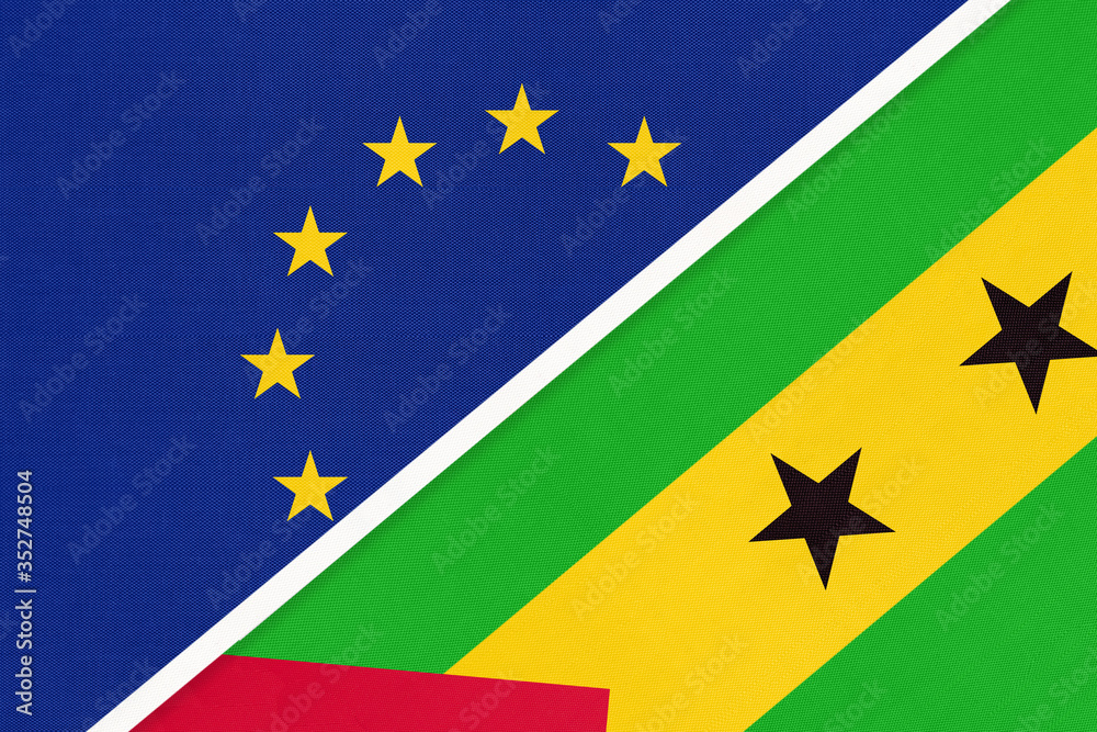 European Union or EU and Saint Thomas and Prince national flag from textile. Symbol of Europe association. European Union or EU and Saint Thomas and Prince national flag from textile. Symbol of Europe association.