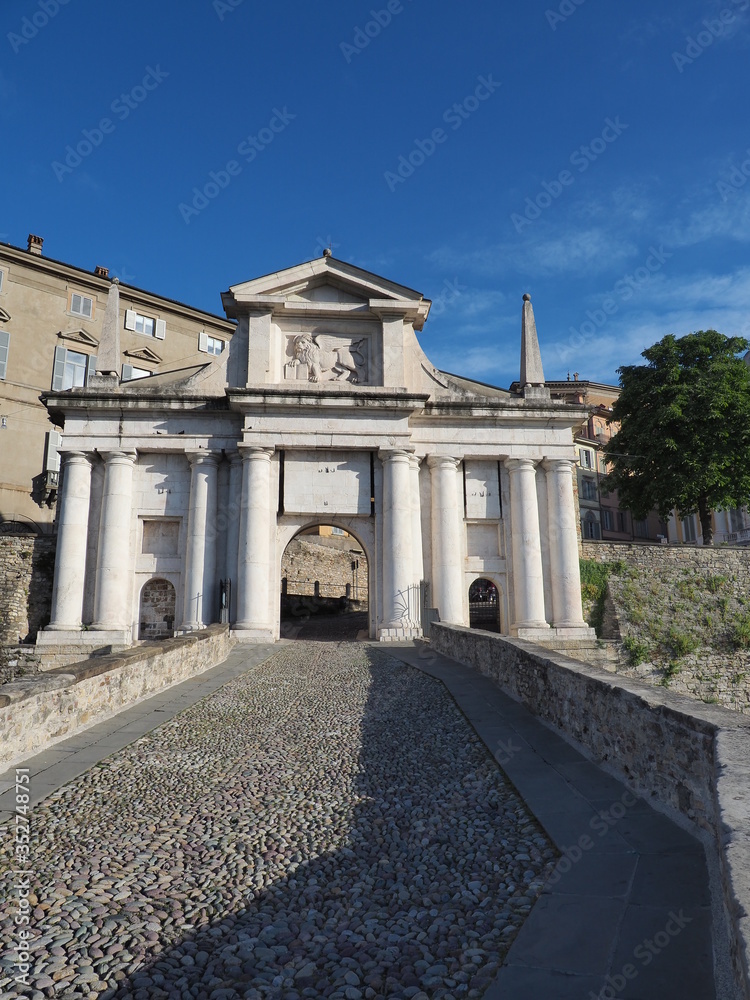 Obraz premium Bergamo, Italy. The old town. Amazing landscape at the ancient gate Porta San Giacomo. Bergamo one of the most beautiful cities in Italy