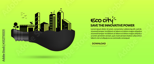 Future eco smart city inside light bulb on green background