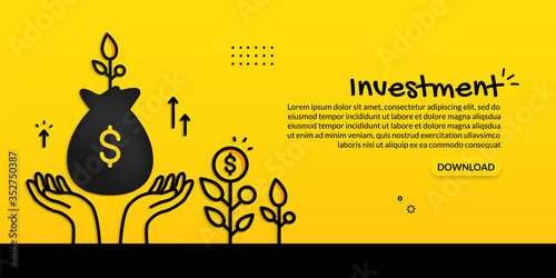 Investment concept with hand hold money bag on yellow background