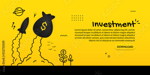 Money bag and spaceship launching on yellow background, investment concept