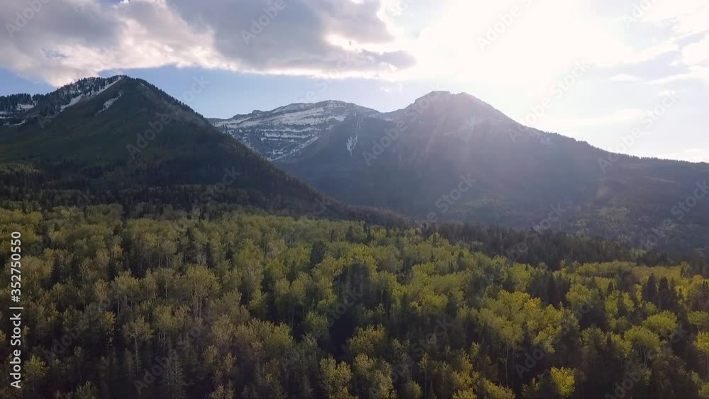 The sun sets behind Mount Timpanogos as a drone flies over the aspen groves. The sun sets behind Mount Timpanogos as a drone flies over the aspen groves.