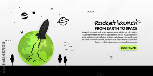 Spaceship launching out from earth on white background, global business start up concept