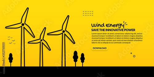 Wind turbine innovative energy on yellow background, electricity generation concept
