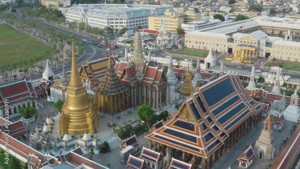Aerial view of Grand Palace temple in Bangkok Thailand during lockdown covid quarantine