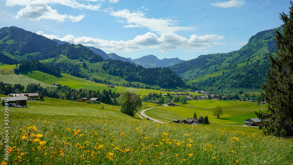 Beautiful view of the landscapes surrounding Chateau d'Oex, in the countryside of Switzerland, 24 May 2020. 