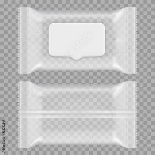 Transparent wet wipes package with flap. Vector.