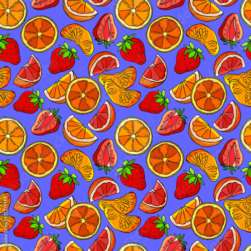  Fruit seamless patern. Strawberries, orange, grapefruit. Whole fruits and slices. Cartoon style. Stock illustration. Design for wallpaper, fabric, textile, packaging.