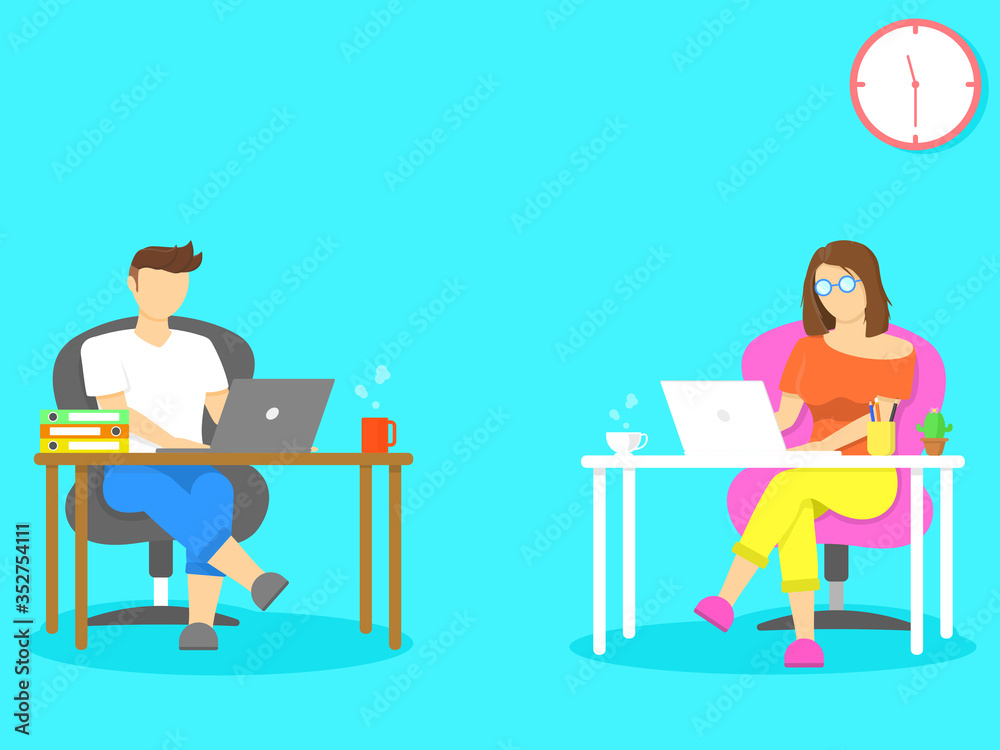Work from home, Home office, study from home concept. Man and Woman wear glasses siting on chair and working on laptop.