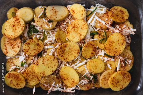 plant-based food, vegan scalloped potato bake with dairy-free cheese and soy milk