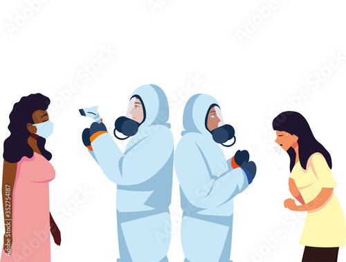 Doctors with protective suits and thermometer gun checking women temperature vector design