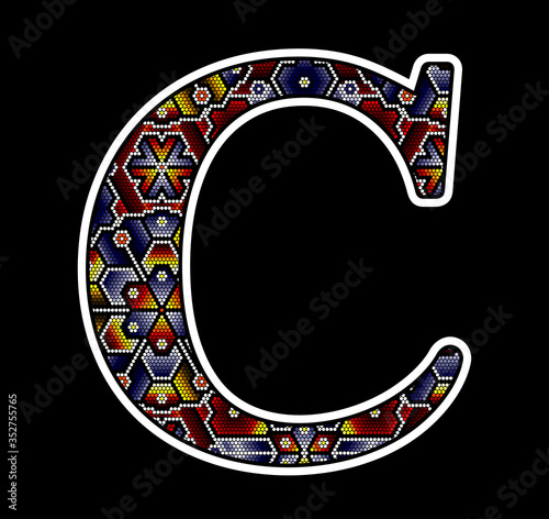 initial capital letter C with colorful dots. Abstract design inspired in mexican huichol beaded craft art style. Isolated on black background