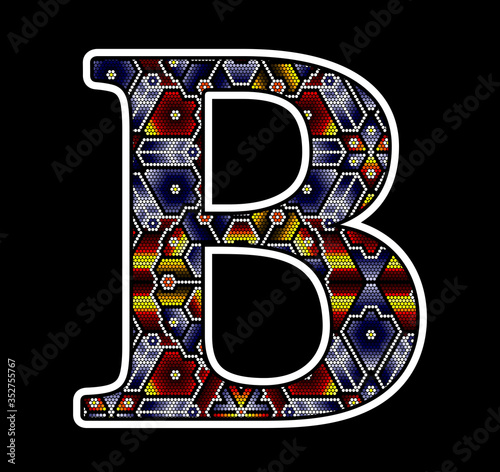 initial capital letter b with colorful dots. Abstract design inspired in mexican huichol beaded craft art style. Isolated on black background