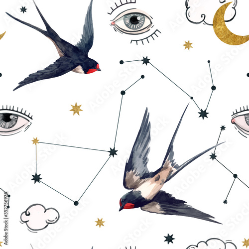 Beautiful vector seamless pattern with watercolor birds, moons and eyes. Stock illustration.
