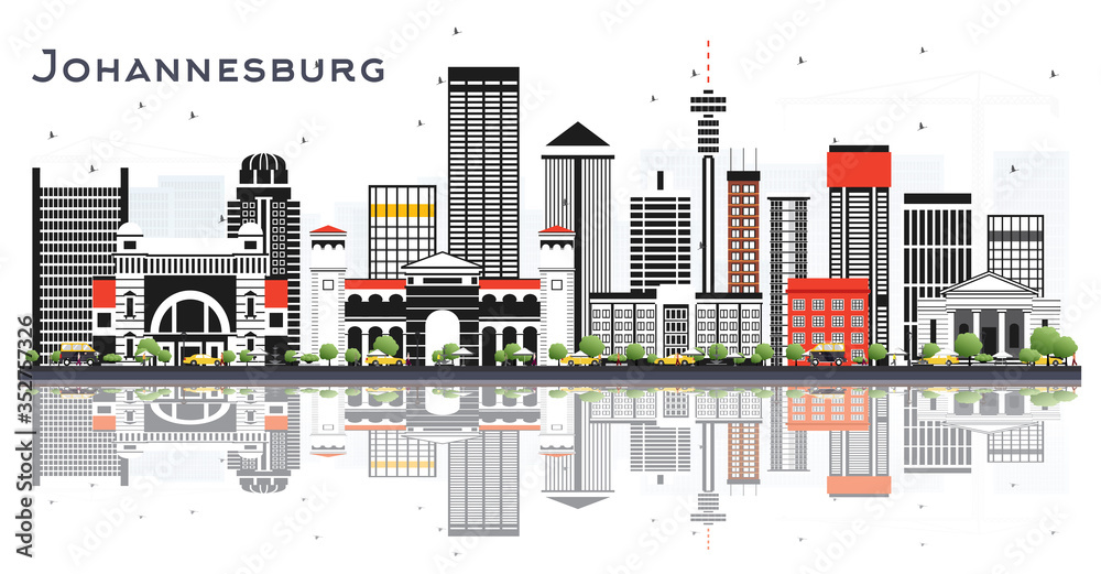 Fototapeta premium Johannesburg South Africa City Skyline with Gray Buildings and Reflections Isolated on White.