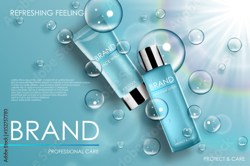 Moisture cosmetic tubes banner ads. Skin care cosmetic product bottles with soap bubbles. Lotion, perfume packing with waterdrop effect design. Realistic 3d vector illustration