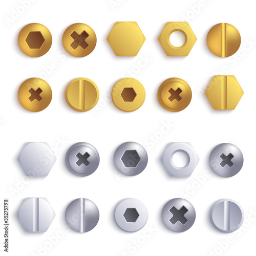 Set of metal screw, bolt and rivet heads vector illustration isolated on white.