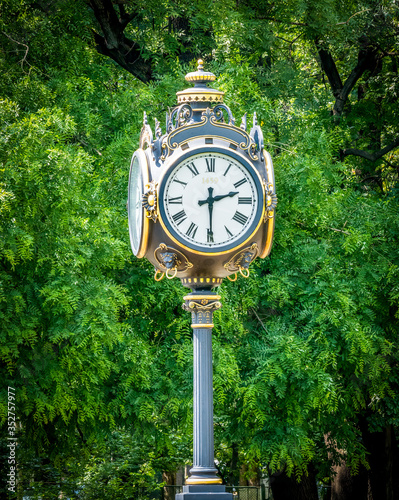 Close up with a outdoor clock with green trees in the background. Vintage clock design.