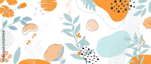 Obraz Trendy Abstract background with Shapes and floral element in Neutral Tones. Modern geometric vector for create stationary, Wrappers, posters, blogs, wallpapers. Vector illustration.