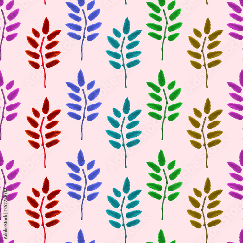 Seamless pattern with photos of leaves painted in different colors.