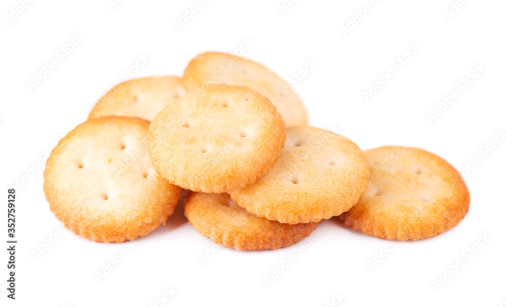 Stack round cracker isolated on white background. Dry cracker cookies isolated. Salty snacks isolated.