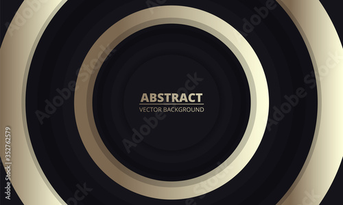 Gold and black luxury geometric abstract background. Black and golden circles in the center on a dark background. Trendy modern royal background.