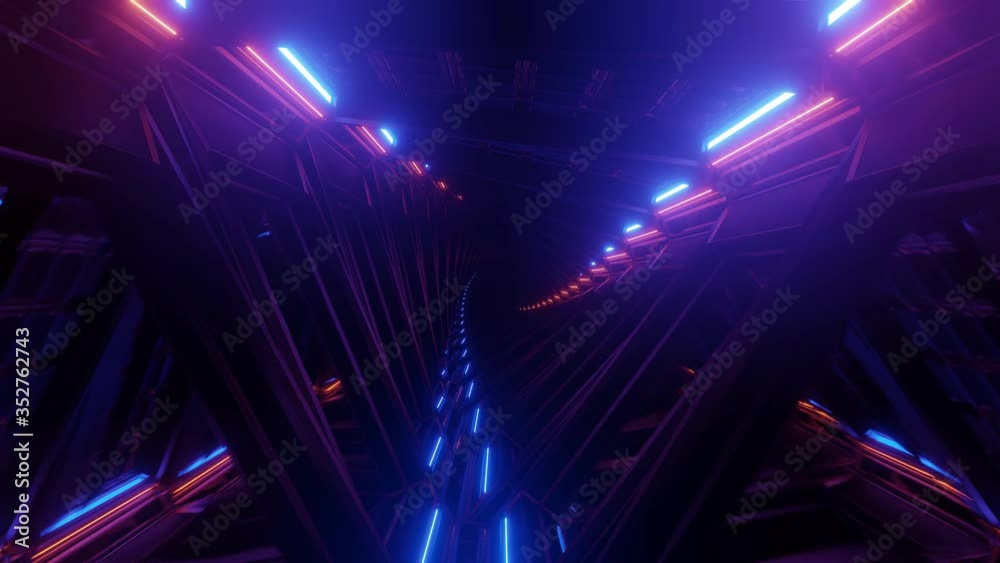 Fast moving inside twisted futuristic dark narrow tunnel with colorful bright neon purple, teal and pink lights, motion graphics sci fi
