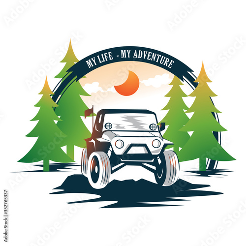 Adventure car in forest with green trees
