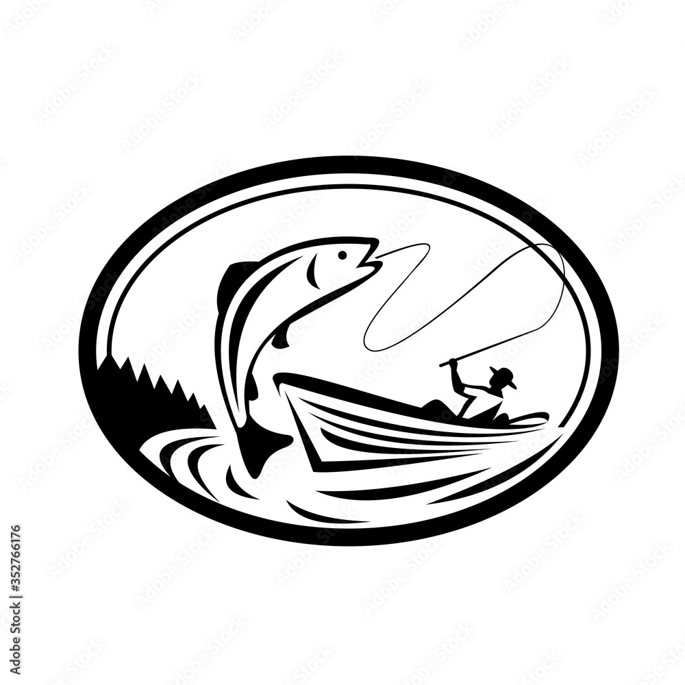 Fly Fisherman Fishing Boat Reeling Trout Oval Retro Black and White Fly Fisherman Fishing Boat Reeling Trout Oval Retro Black and White