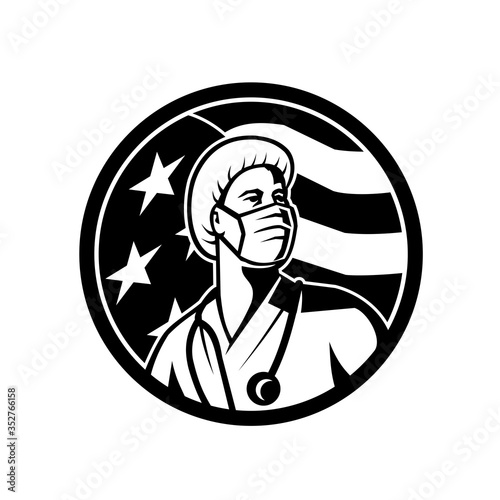 American Nurse Looking Up USA Flag Circle Black and White