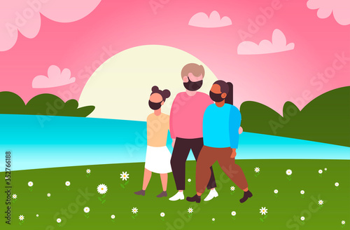 parents with daughter walking outdoors family wearing medical masks to prevent coronavirus pandemic covid-19 quarantine sunset landscape background horizontal full length vector illustration