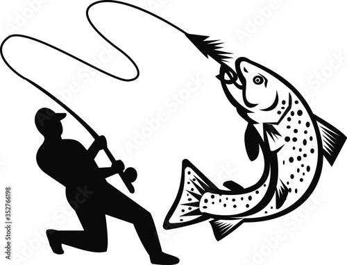 Fly Fisherman Hooking Brook Trout Retro Black and White