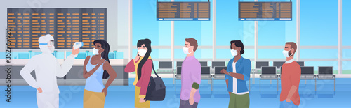specialist in hazmat suit checking passengers temperature at airport terminal coronavirus pandemic concept covid-19 virus epidemic horizontal vector illustration