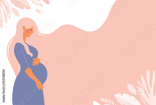 Modern banner about pregnancy and motherhood. Poster with a cute pregnant woman with long hair and place for text. Minimalistic design, flat cartoon vector illustration