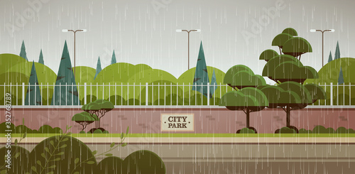 city park sign board on fence rain drops falling rainy summer day landscape background horizontal vector illustration