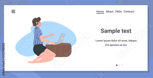 woman freelancer using laptop during coronavirus quarantine work from home freelance concept full length isolated horizontal copy space vector illustration