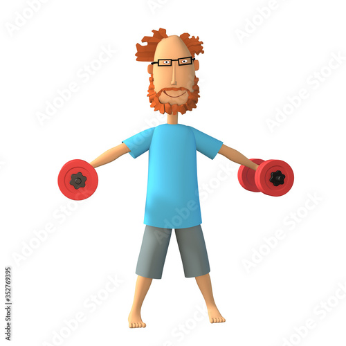 3d illustration the guy is engaged in dumbbells. Cartoon cute character doing physical education