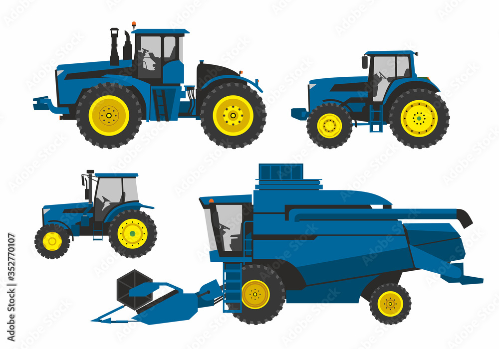 Set of various agricultural machinery. Tractors, harvester. Vector graphics Set of various agricultural machinery. Tractors, harvester. Vector graphics
