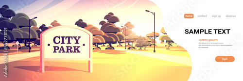 sign board in city park beautiful summer day skyline skyskraper buildings sunset cityscape background horizontal copy space vector illustration