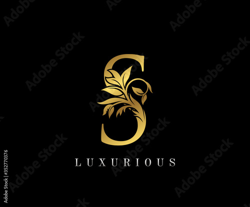 Classy Golden S Letter Floral logo. Vintage drawn emblem for book design, weeding card, label, business card, Restaurant, Boutique, Hotel.