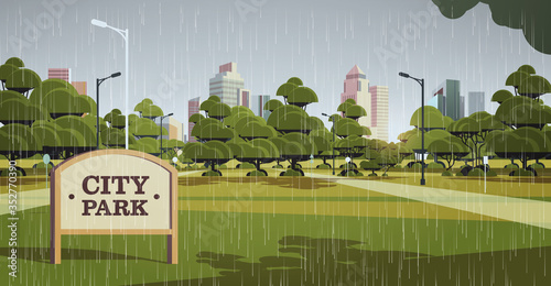 sign board in city park rain drops falling rainy summer day skyline skyskraper buildings cityscape background horizontal vector illustration
