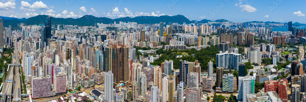 Drone fly over Hong Kong city