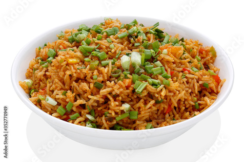 COOKED RICE WITH TOMATO on white background