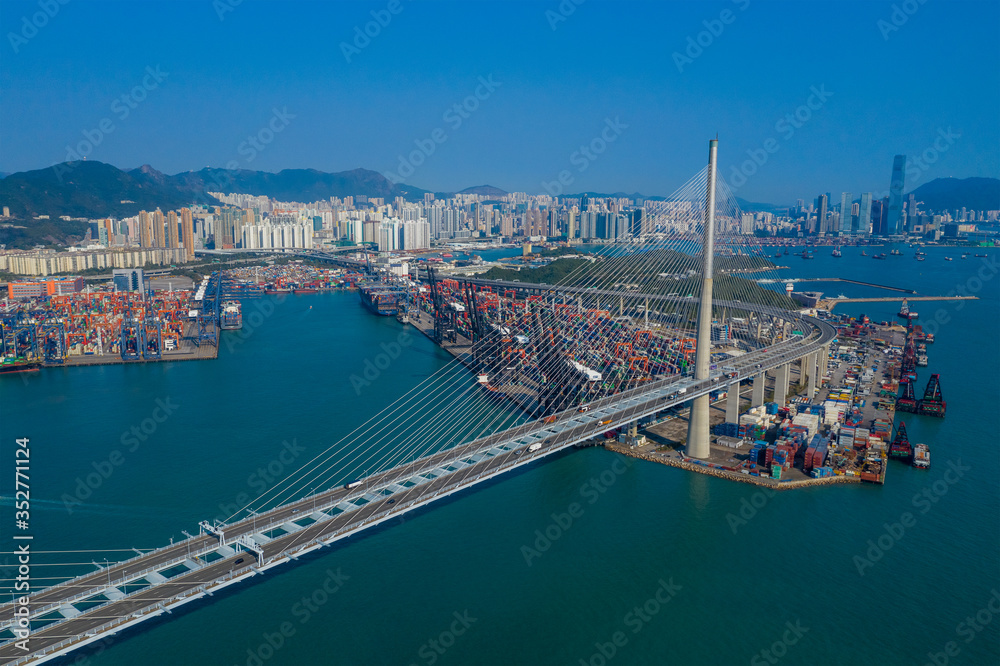  Top view of Hong Kong container terminal port and suspension bridge