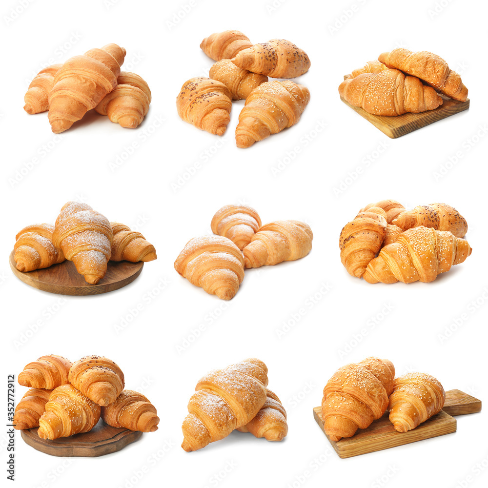 Set of tasty croissants on white background
