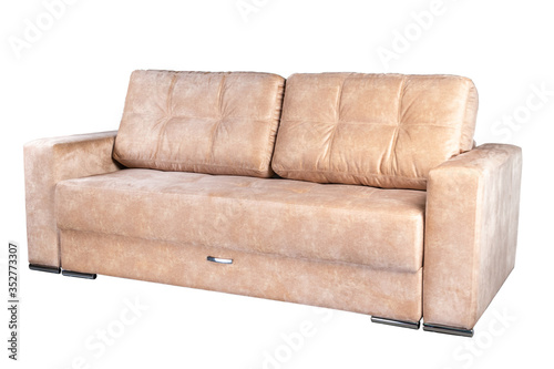 beige light brown sofa folded and laid out as a bed isolated on a white background