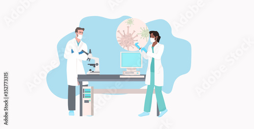 mix race microbiologists holding coronavirus cell sample for analysis in labaratory microscope covid-19 pandemic horizontal full length vector illustration