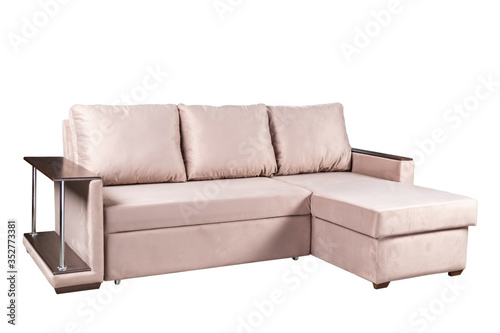beige light brown sofa folded and laid out as a bed isolated on a white background