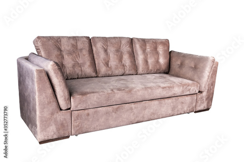 beige light brown sofa folded and laid out as a bed isolated on a white background