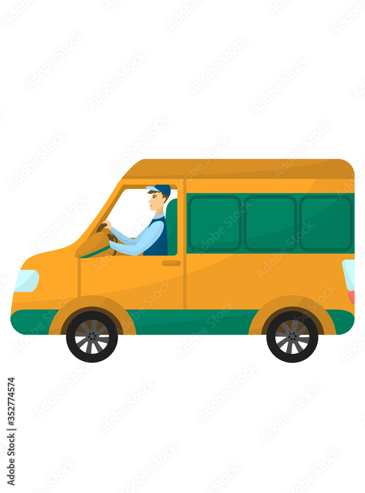 Vector image of the courier on the van. Young driver with an order on the truck. Illustration of the fast delivery. Online shopping and ordering. Concept of the food and goods delivering